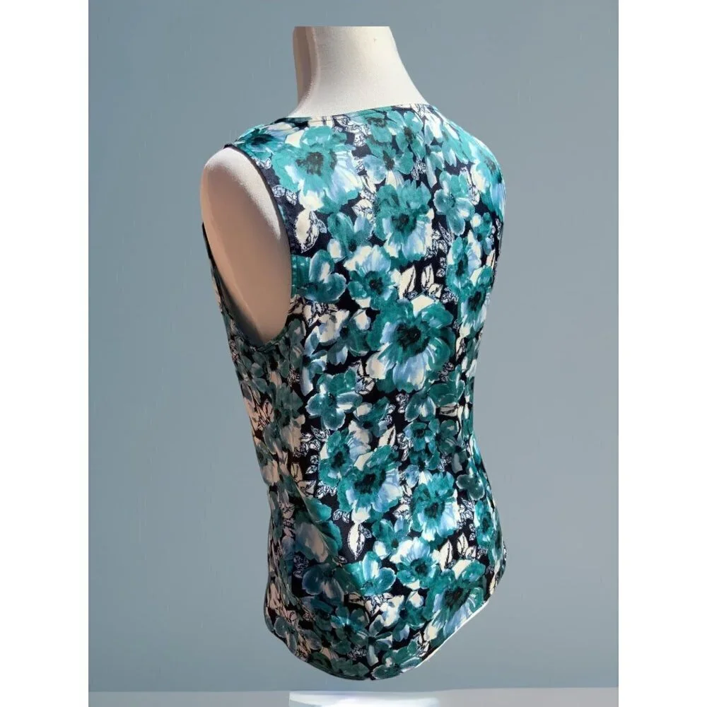 Ann Taylor Loft petite turquoise sleeveless cowl neck floral spandex blouse PS - Picture 7 of 10